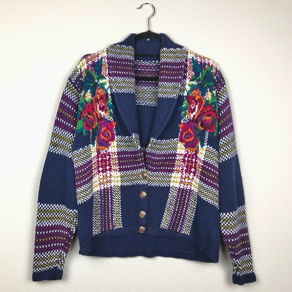 Vintage Sweaters - VTG Women's Large Floral Plaid Embroidered Cardiga